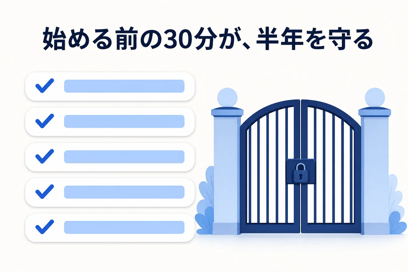 AI導入を始める前に5つのチェックポイントを確認して、失敗パターンの入り口を塞ぐイメージ(画像内テキスト: 始める前の30分が、半年を守る)