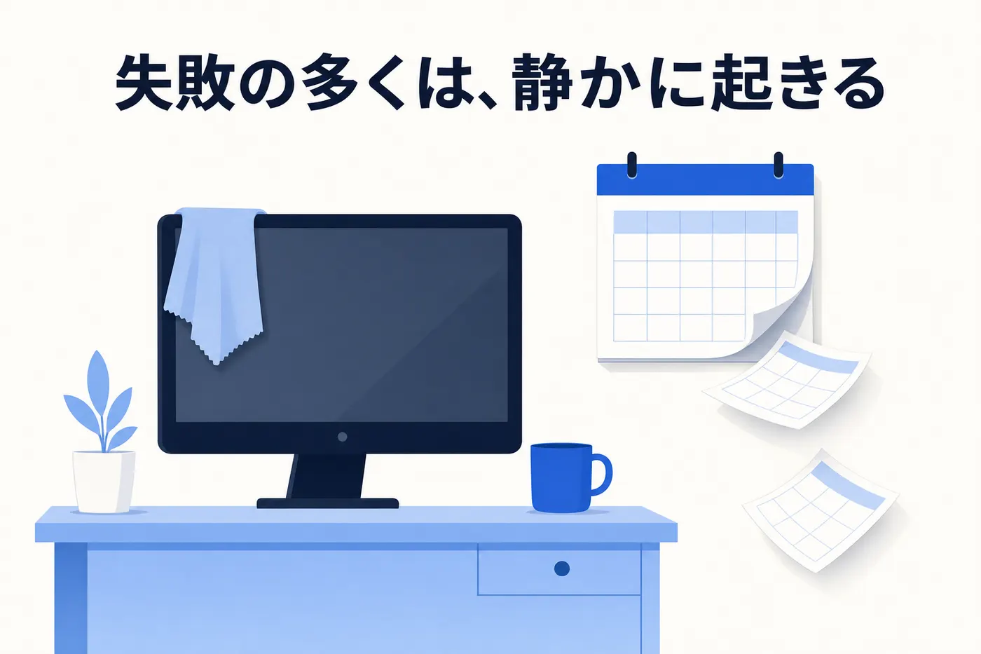 AI導入の失敗が派手な事故ではなく、検証のまま止まる・使われなくなるという静かな形で起きることを表したイメージ(画像内テキスト: 失敗の多くは、静かに起きる)
