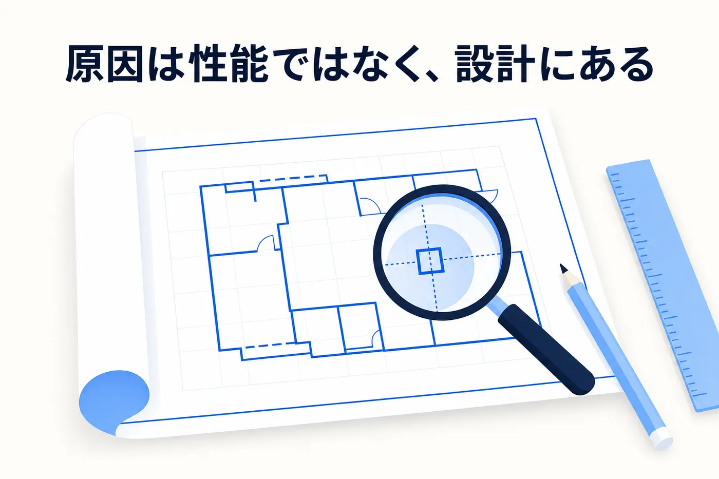 AI導入が失敗する5つのパターンが、AIの性能ではなく進め方の設計に起因することを表したイメージ(画像内テキスト: 原因は性能ではなく、設計にある)