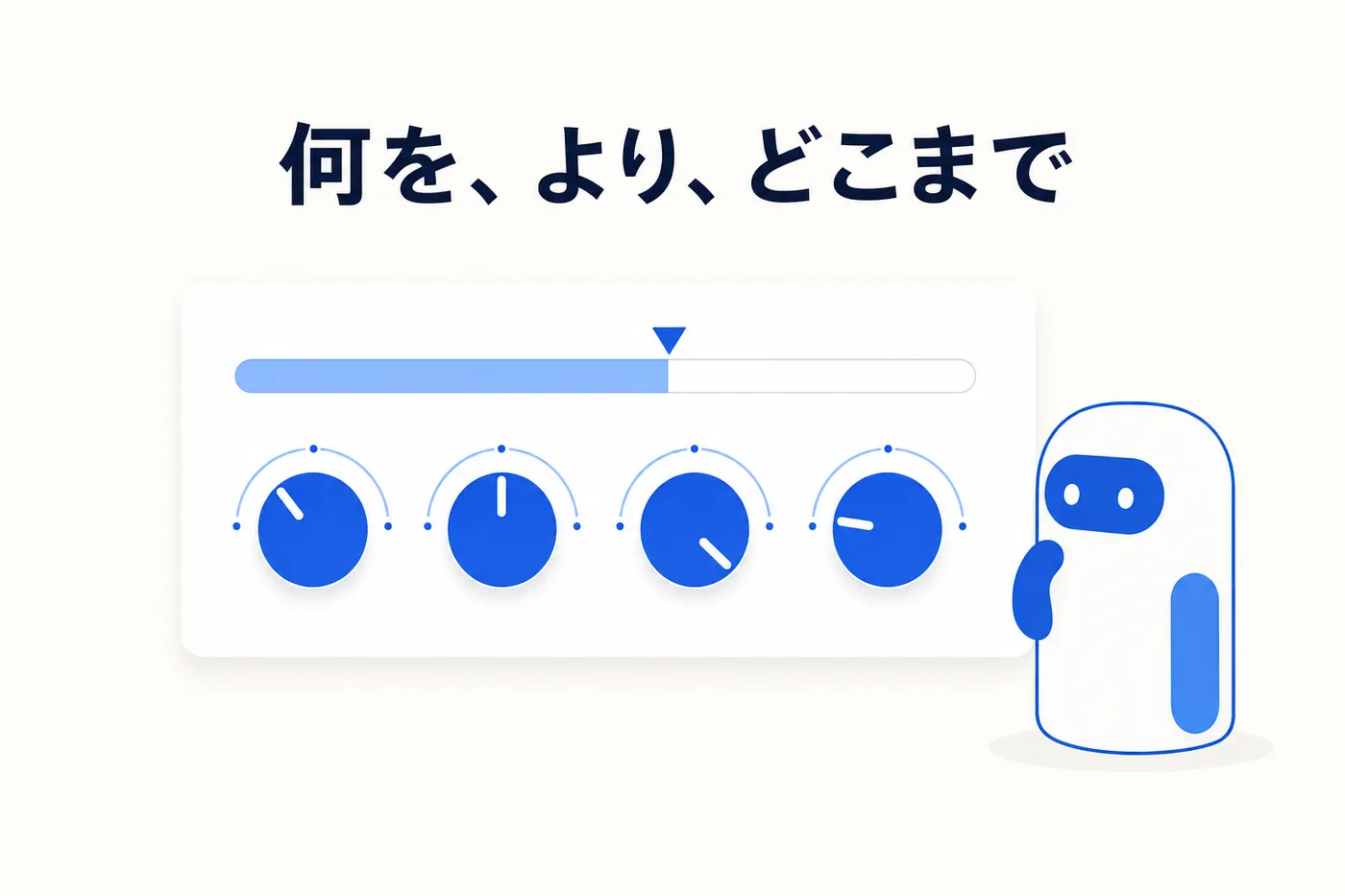4つのダイヤルを回すと費用のメーターが動く、任せる深さ・つなぐ数・例外・確認の置き方の4変数のイメージ(画像内テキスト: 何を、より、どこまで)
