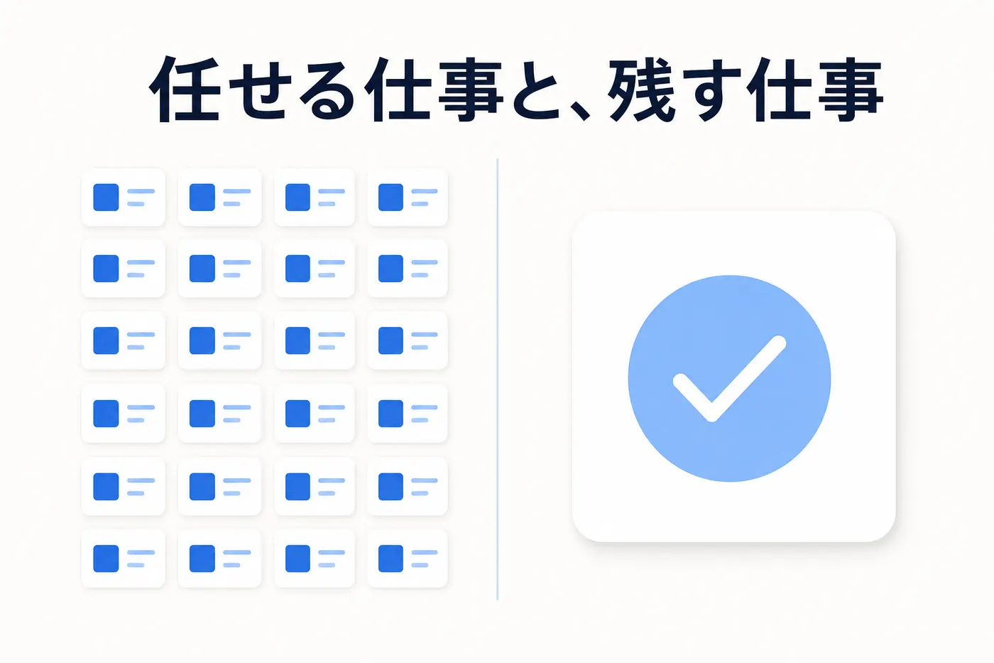 AIエージェントに任せやすい定型業務と、人に残す判断・承認の仕事を仕分けるイメージ(画像内テキスト: 任せる仕事と、残す仕事)