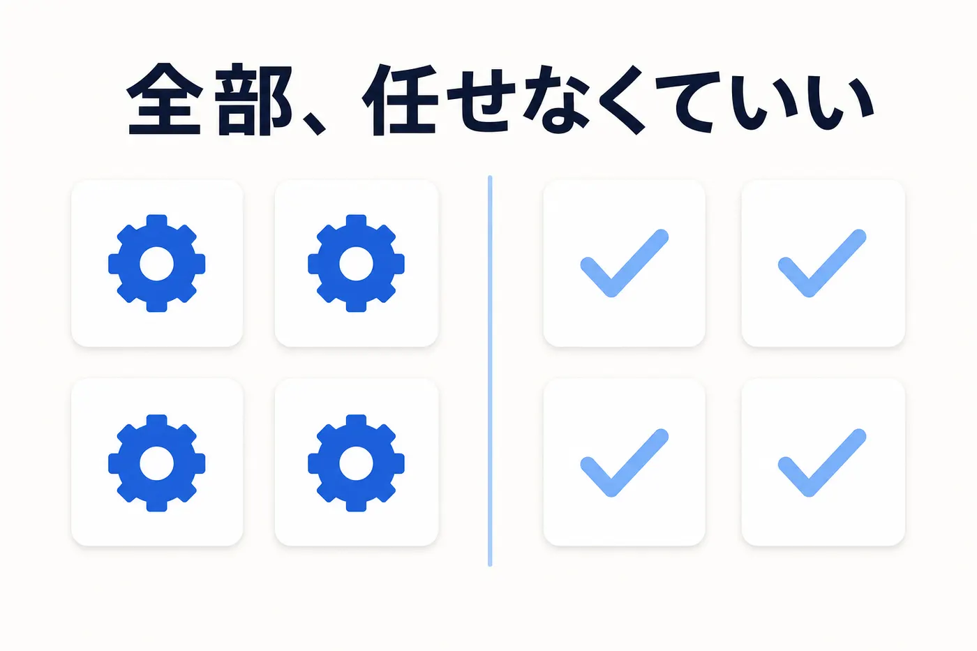 6つの基本工程のうちAIエージェントに任せやすい工程と人が持つ工程を仕分けるイメージ(画像内テキスト: 全部、任せなくていい)