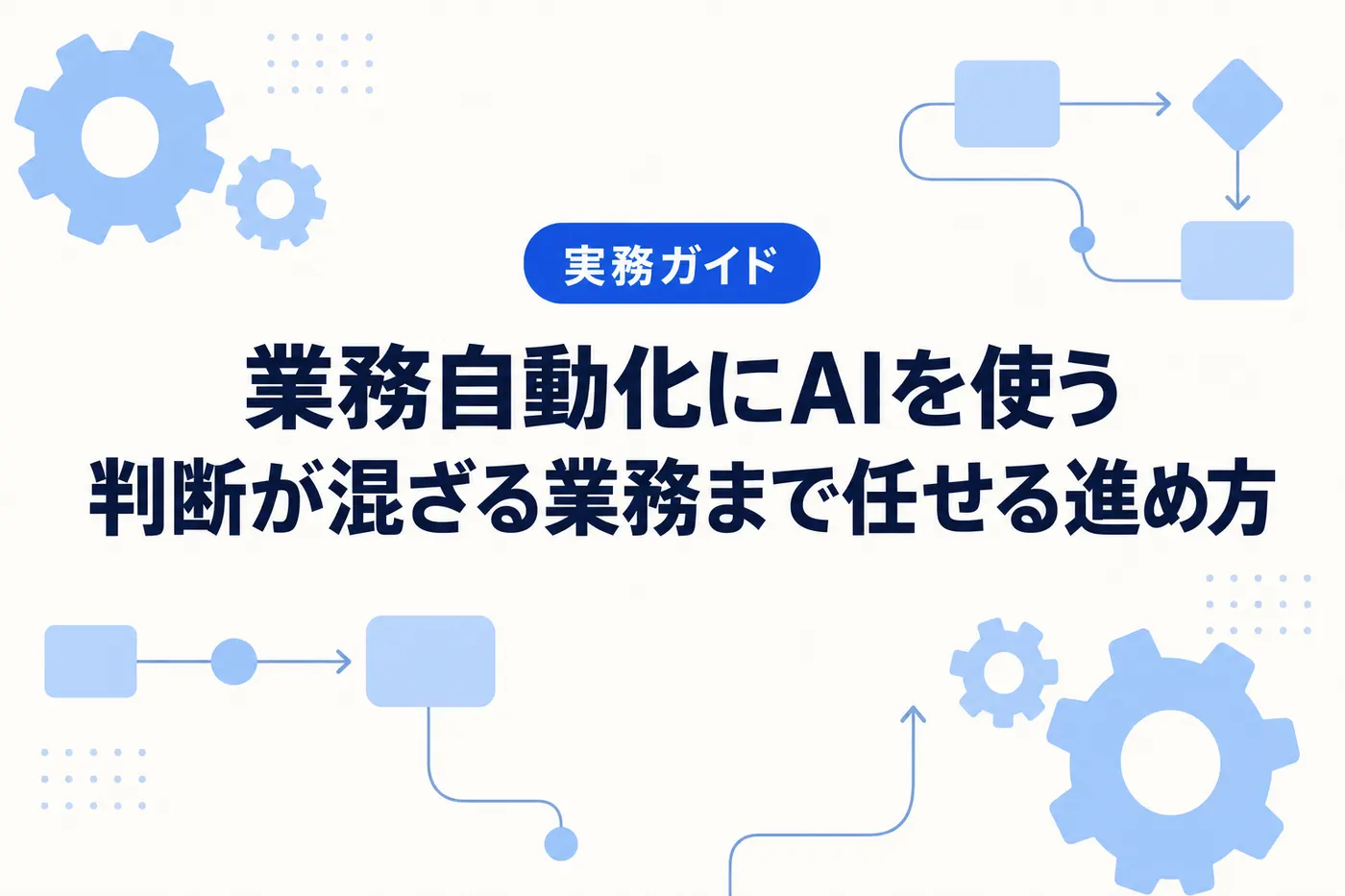 業務自動化にAIを使う進め方のアイキャッチ(画像内テキスト: 業務自動化にAIを使う / 判断が混ざる業務まで任せる進め方 / 実務ガイド)