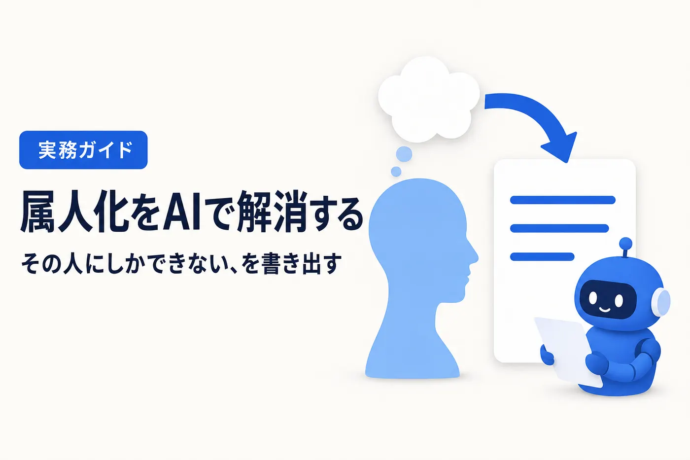 属人化をAIで解消する方法のアイキャッチ(画像内テキスト: 属人化をAIで解消する / その人にしかできない、を書き出す / 実務ガイド)