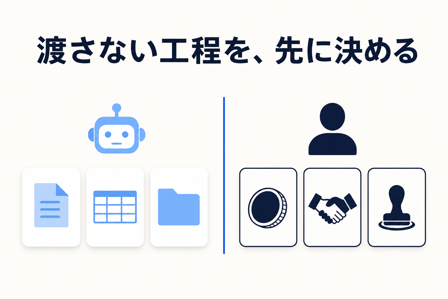 最終判断・金銭の実行・顧客への約束・法令の解釈などを人の工程として残す線引きのイメージ