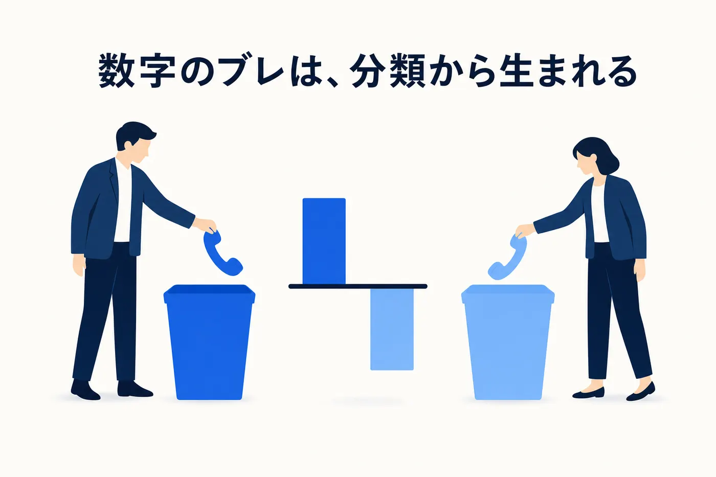 同じ問い合わせに担当者によって別のラベルが付き、集計グラフが食い違ってしまうイメージ(画像内テキスト: 数字のブレは、分類から生まれる)