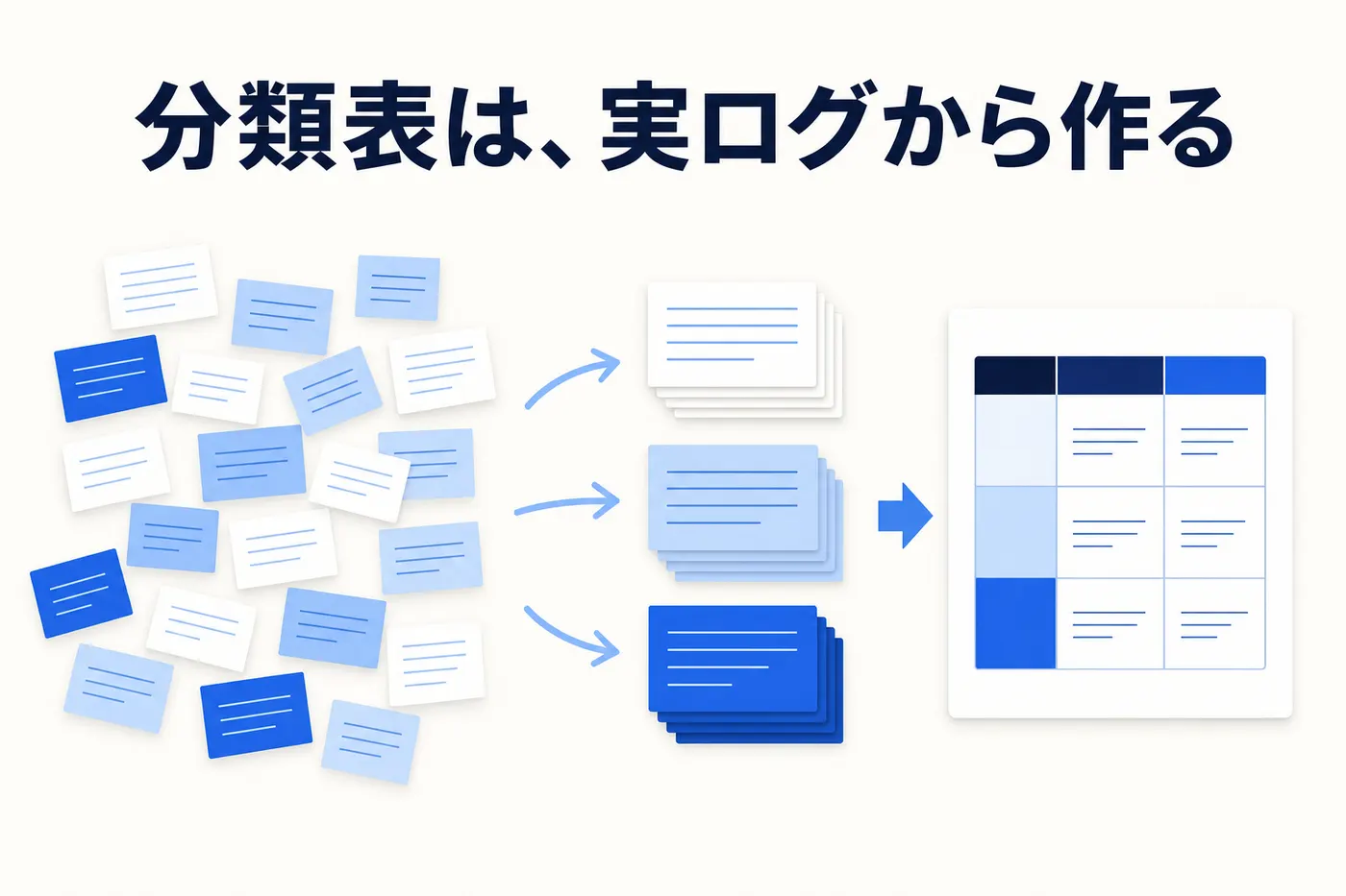 実際の問い合わせメモを書き出し、似たものを束ねて分類表に育てていくイメージ(画像内テキスト: 分類表は、実ログから作る)