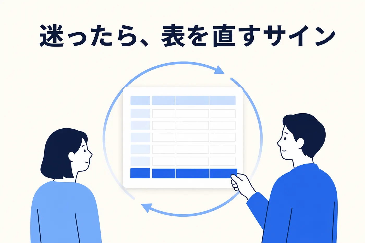 迷った問い合わせを持ち寄り、分類表の定義に境界例を書き足して運用を続けるイメージ(画像内テキスト: 迷ったら、表を直すサイン)