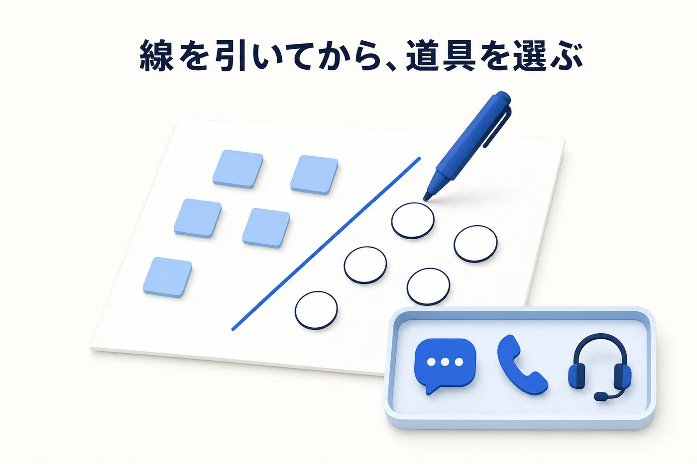 AI に渡す用件と人に残す用件の線を引いてから道具を選ぶ順番を表したイメージ(画像内テキスト: 線を引いてから、道具を選ぶ)