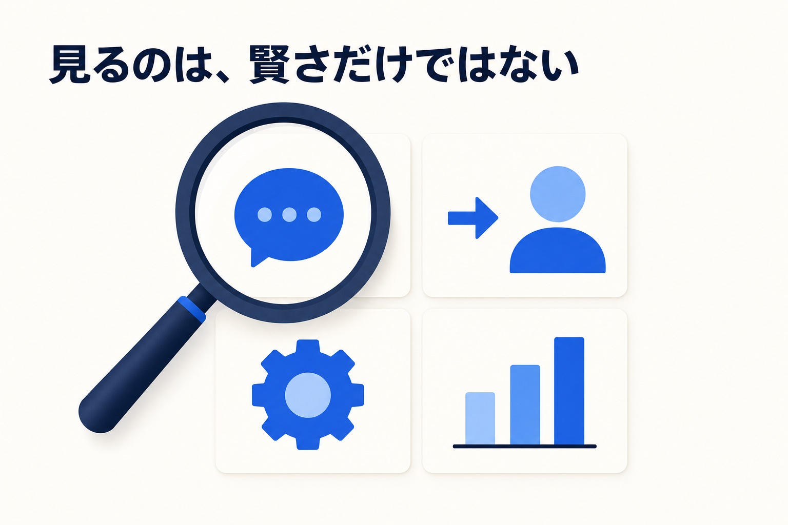 回答の品質・答えられないときの動き・運用の手間・利用の実態という 4 つの検証観点のイメージ(画像内テキスト: 見るのは、賢さだけではない)
