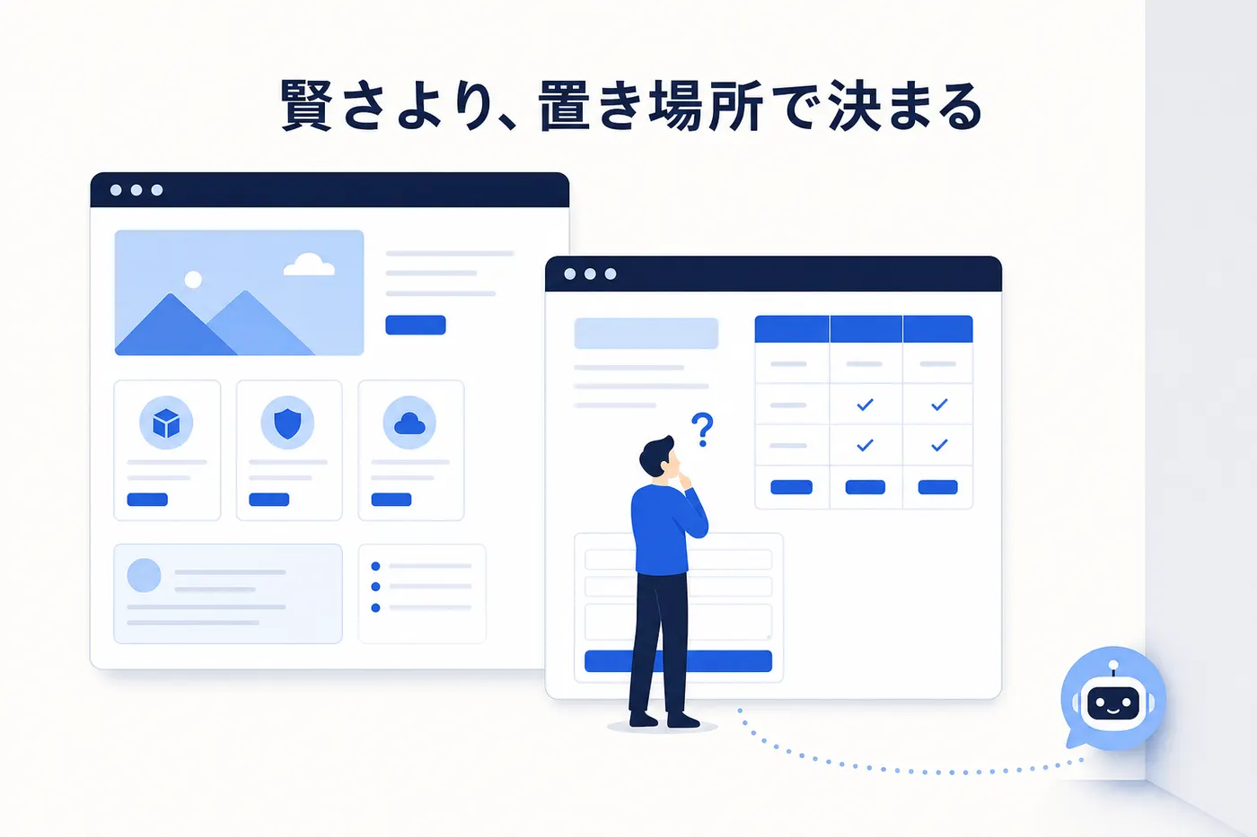 料金表とフォームのあるページで疑問を持つ人と、遠く離れた空のページの隅に置かれたチャットボットのイメージ(画像内テキスト: 賢さより、置き場所で決まる)