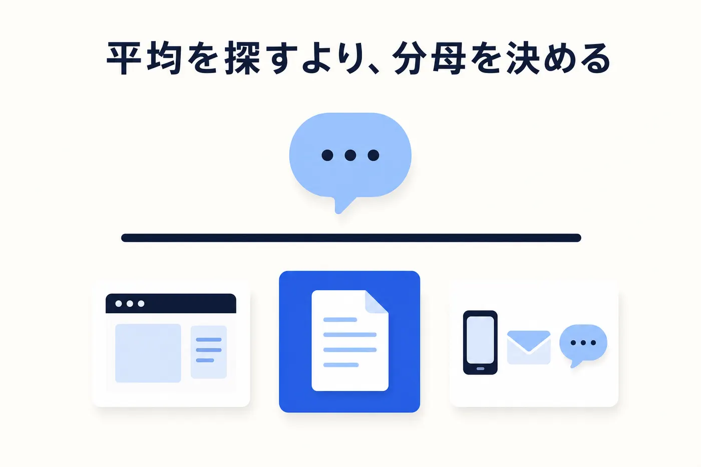 チャット吹き出しを分子に、サイト全体・設置ページ・問い合わせ全体の3つを分母の候補として並べた分数のイメージ(画像内テキスト: 平均を探すより、分母を決める)