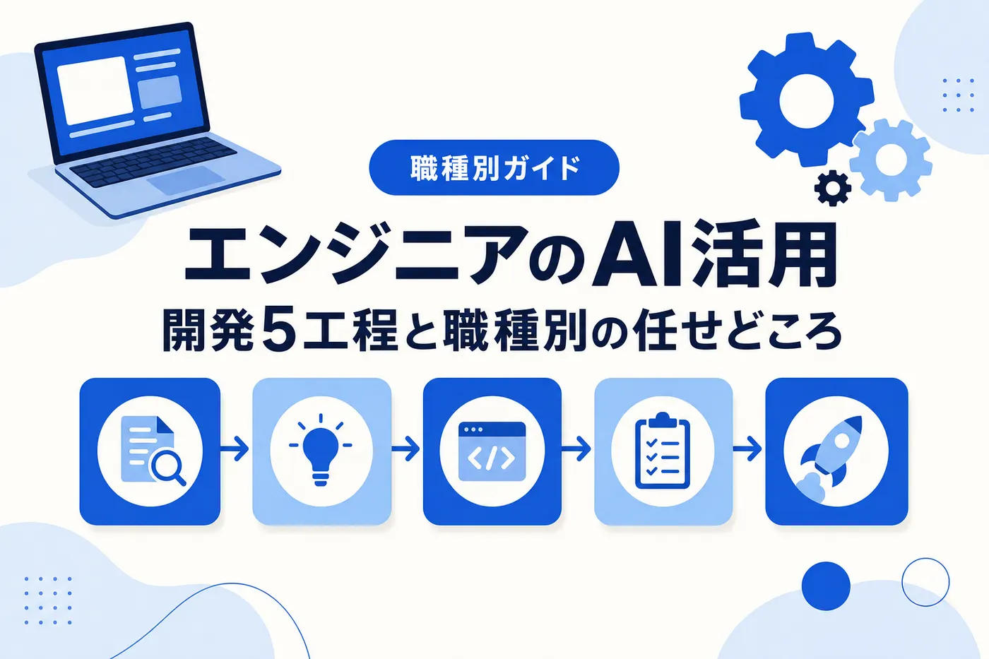 エンジニアのAI活用のアイキャッチ(画像内テキスト: エンジニアのAI活用 / 開発5工程と職種別の任せどころ / 職種別ガイド)