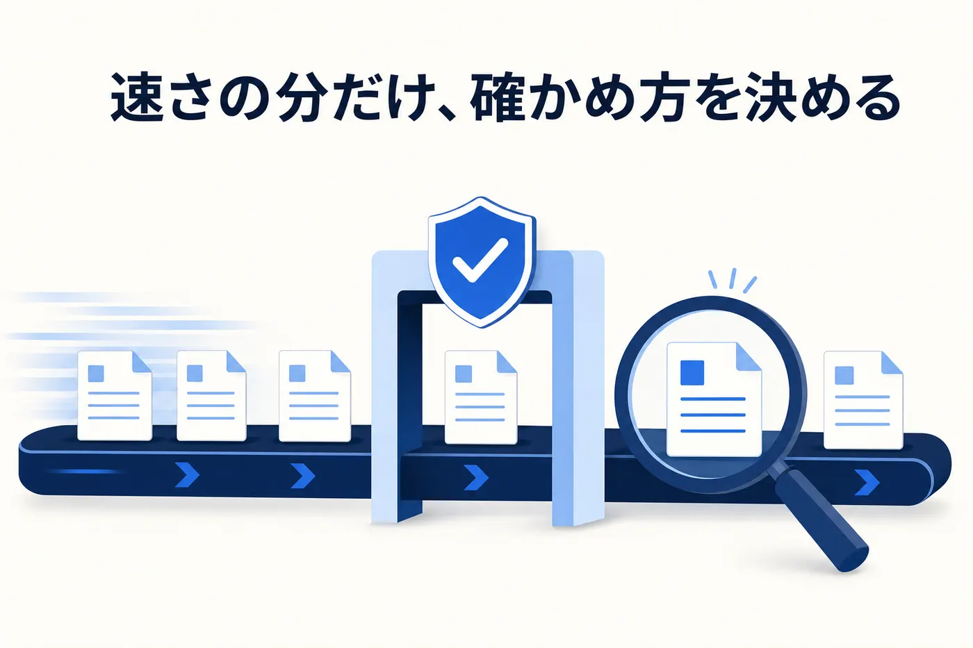 AIの出力の速さに合わせて確認の関所を設計するイメージ(画像内テキスト: 速さの分だけ、確かめ方を決める)