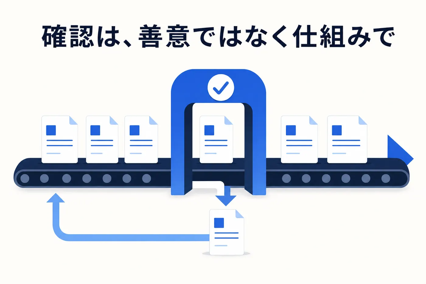 業務フローの中に確認の関所を組み込み、誤りが外に出る前に止まる構造を作るイメージ(画像内テキスト: 確認は、善意ではなく仕組みで)