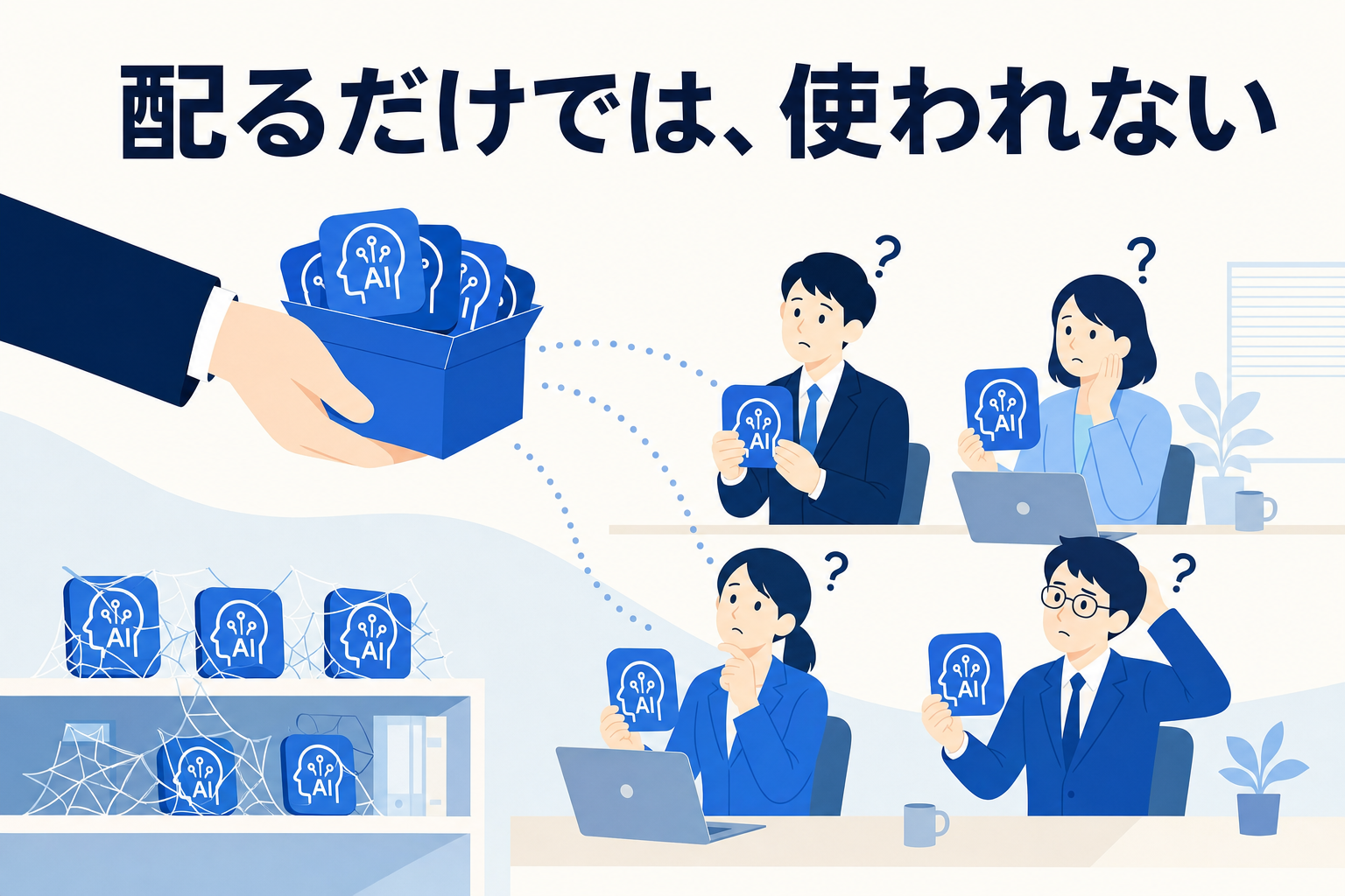 AI ツールを全員に配布したものの、戸惑う社員と使われないまま残るライセンスのイメージ