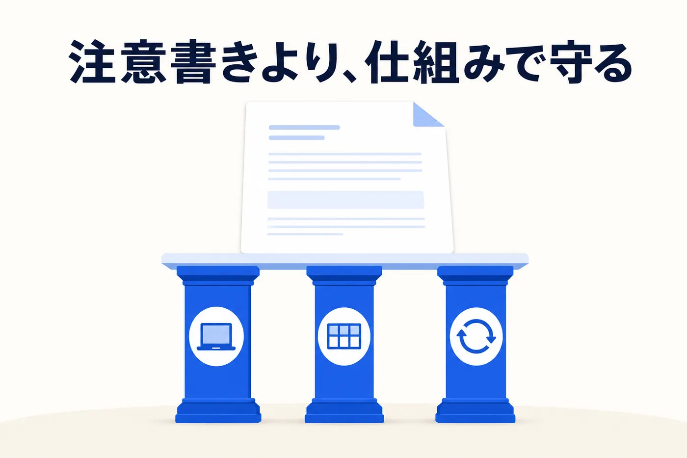 ガイドラインの文書を、環境の用意・良い使い方の型・軽い確認フローという3つの仕組みで支えるイメージ