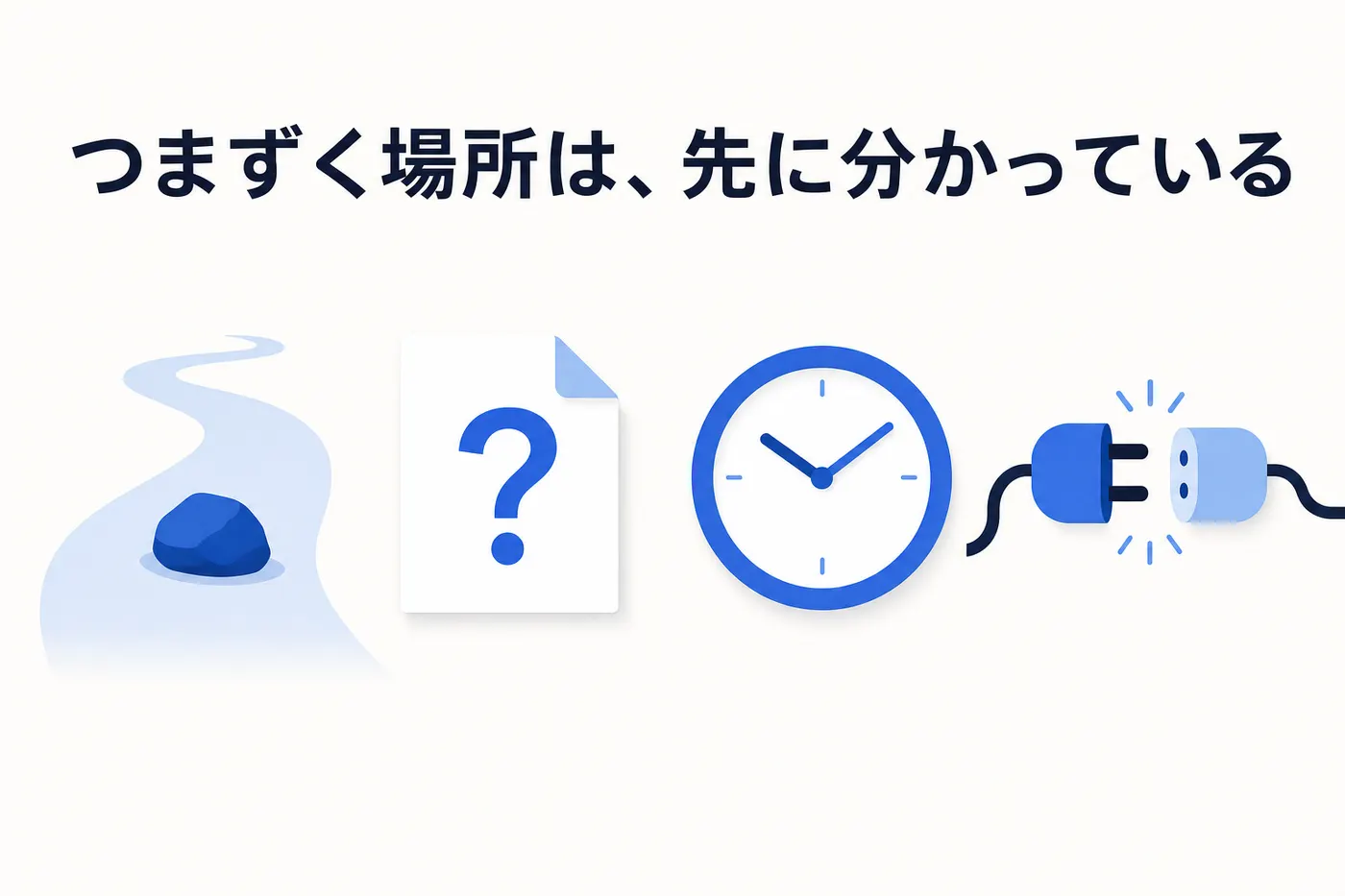 生成AI導入でつまずく典型4パターンと、それぞれの避け方を示したイメージ(画像内テキスト: つまずく場所は、先に分かっている)