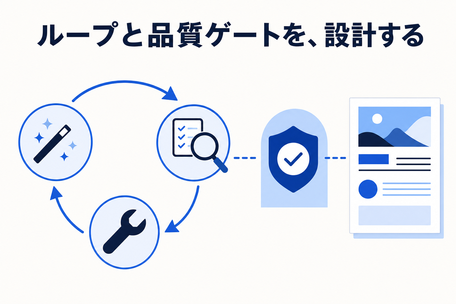 生成 → レビュー → 修正のループと品質ゲートを経て完成チラシに至るフロー図