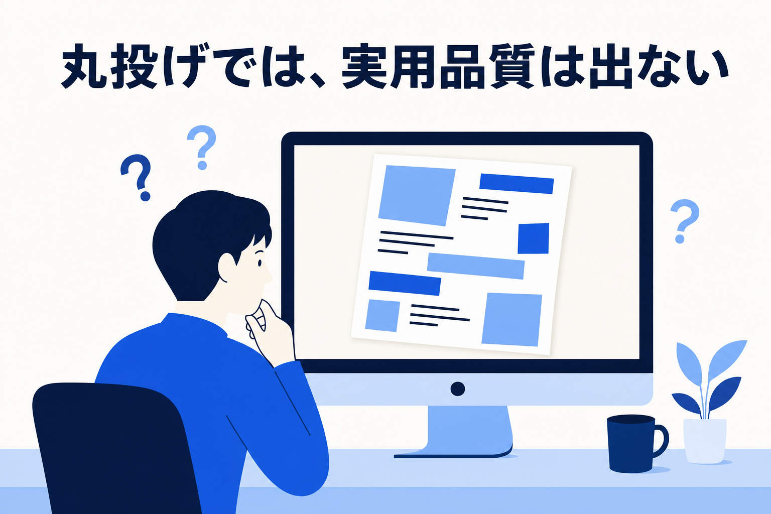 AI に丸投げして生成した崩れたチラシを前に困っている担当者のイメージ