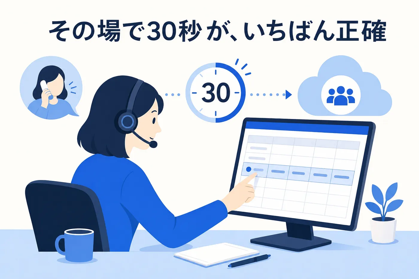 対応直後に短時間で記録を残す運用が記憶の劣化を防ぐイメージ(画像内テキスト: その場で30秒が、いちばん正確)