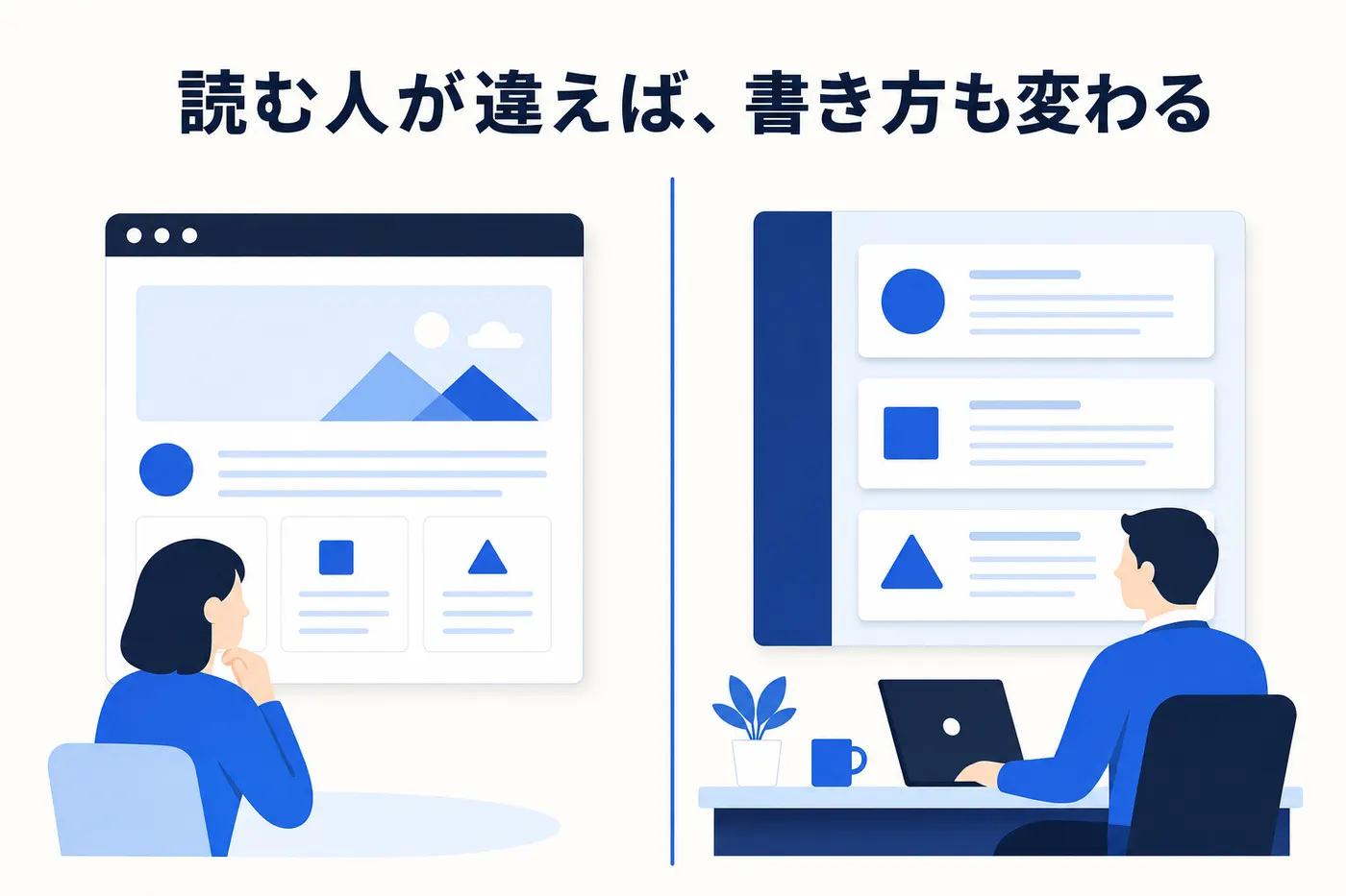 顧客向け FAQ ページと社内 FAQ を読む人の違いで対比したイメージ(画像内テキスト: 読む人が違えば、書き方も変わる)