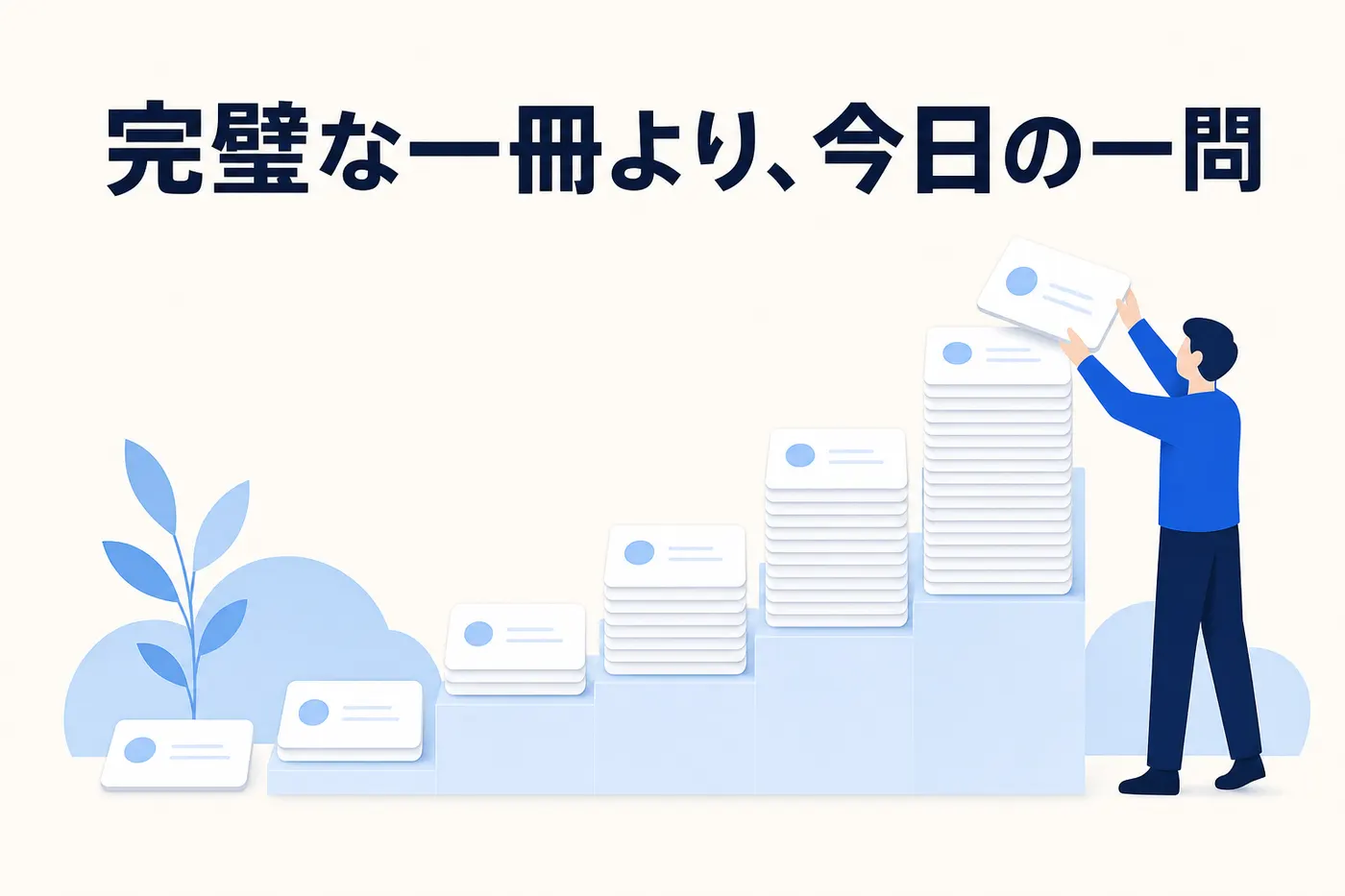 小さく始めた社内 FAQ が 1 問ずつ積み上がっていく成長のイメージ(画像内テキスト: 完璧な一冊より、今日の一問)