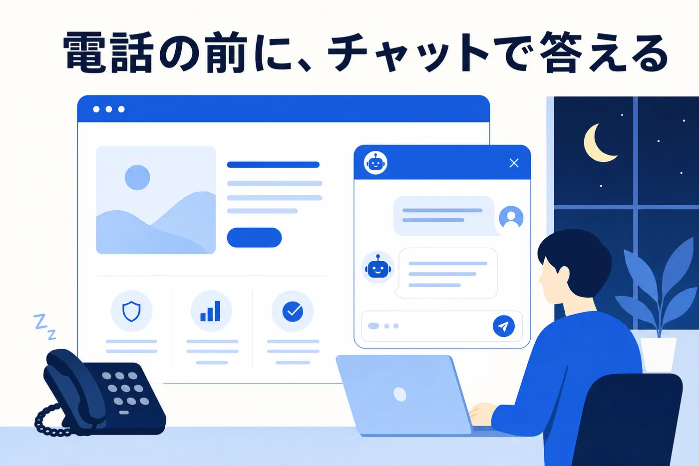 Web サイト上のチャットが電話の前に顧客の質問に答えるイメージ