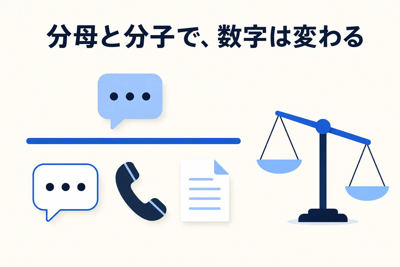 大きな分数の記号の上下に、チャット吹き出しと電話の受話器と書類が置き換わるように並び、天秤がわずかに傾いているイメージ(画像内テキスト: 分母と分子で、数字は変わる)