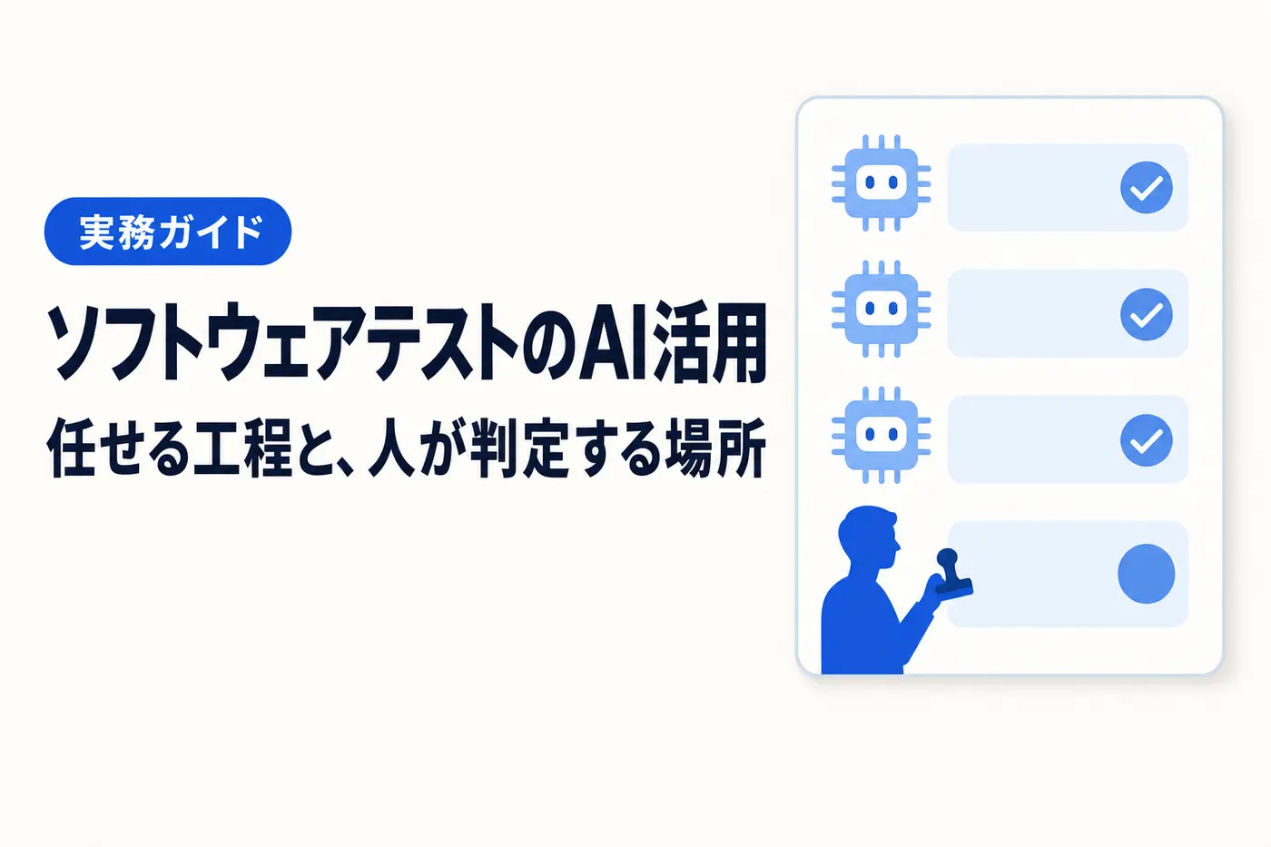 ソフトウェアテストのAI活用のアイキャッチ(画像内テキスト: ソフトウェアテストのAI活用 / 任せる工程と、人が判定する場所 / 実務ガイド)