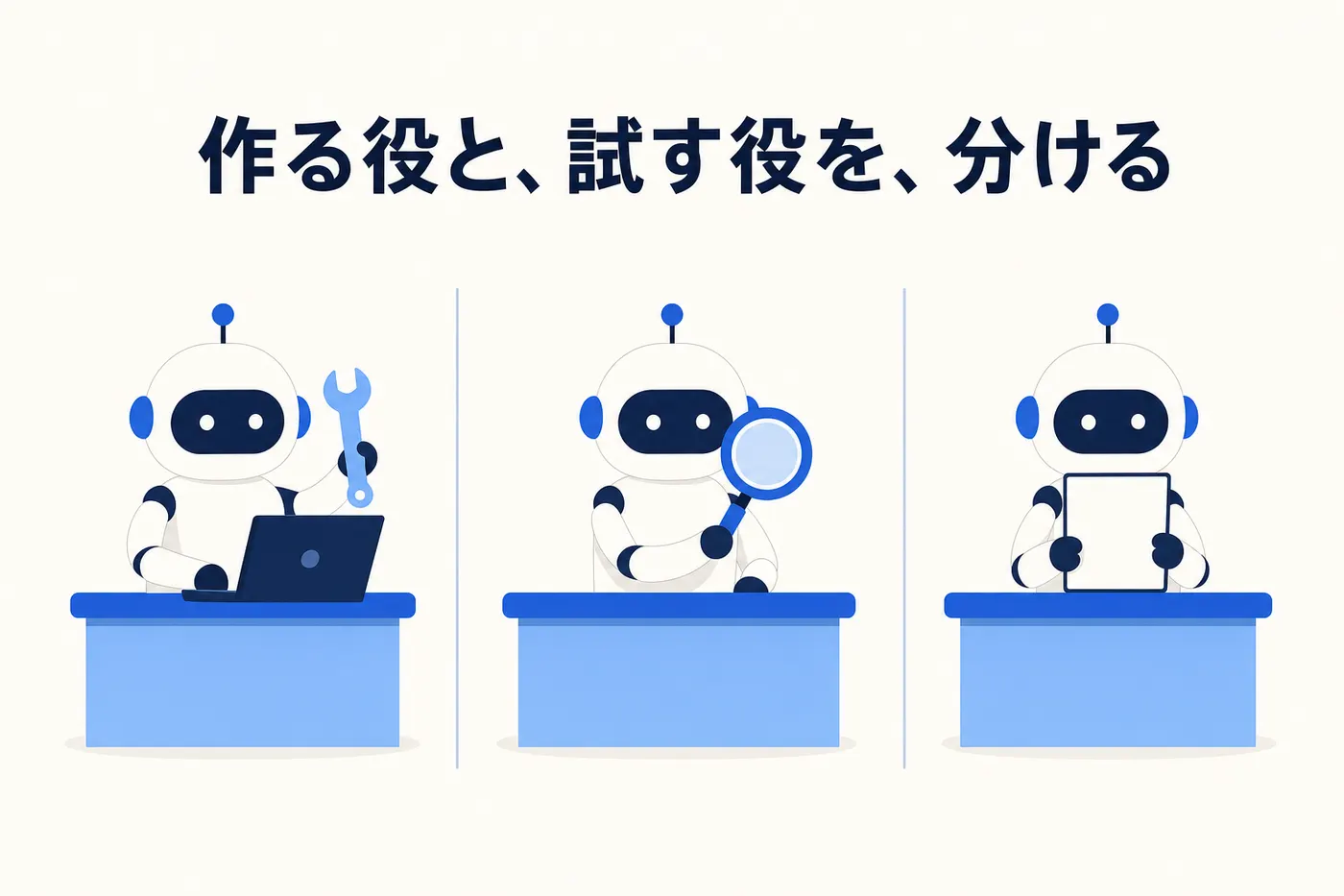 作る役・試す役・疑う役の3つの席が並び、それぞれ別の資料を見ているイメージ(画像内テキスト: 作る役と、試す役を、分ける)