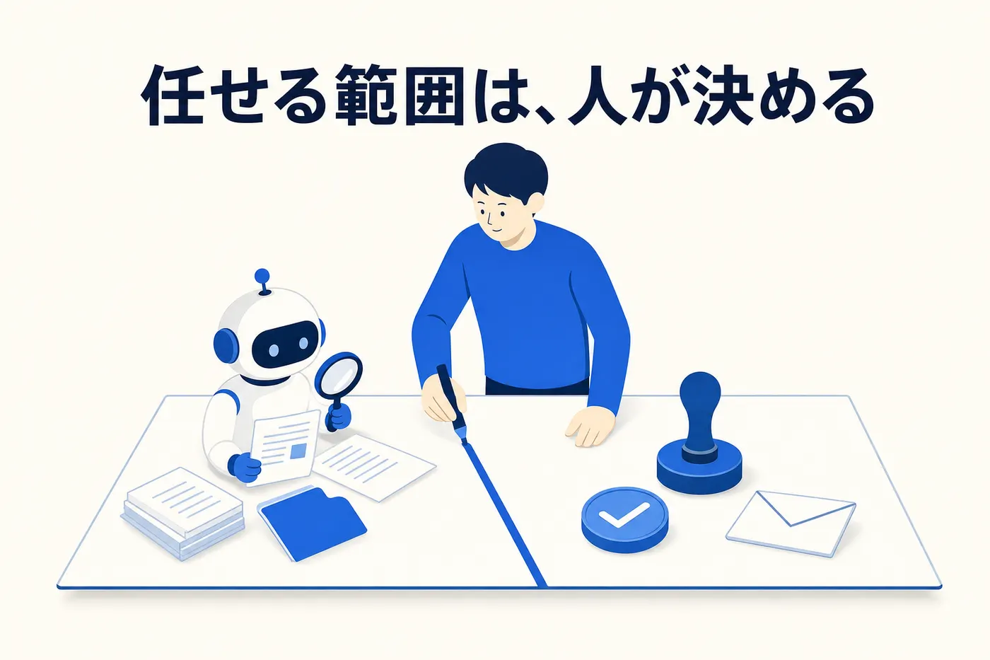人が任せる範囲の線を引き、AIエージェントが資料の調査を担い、承認や送信は人の側に残る様子を表したイメージ(画像内テキスト: 任せる範囲は、人が決める)