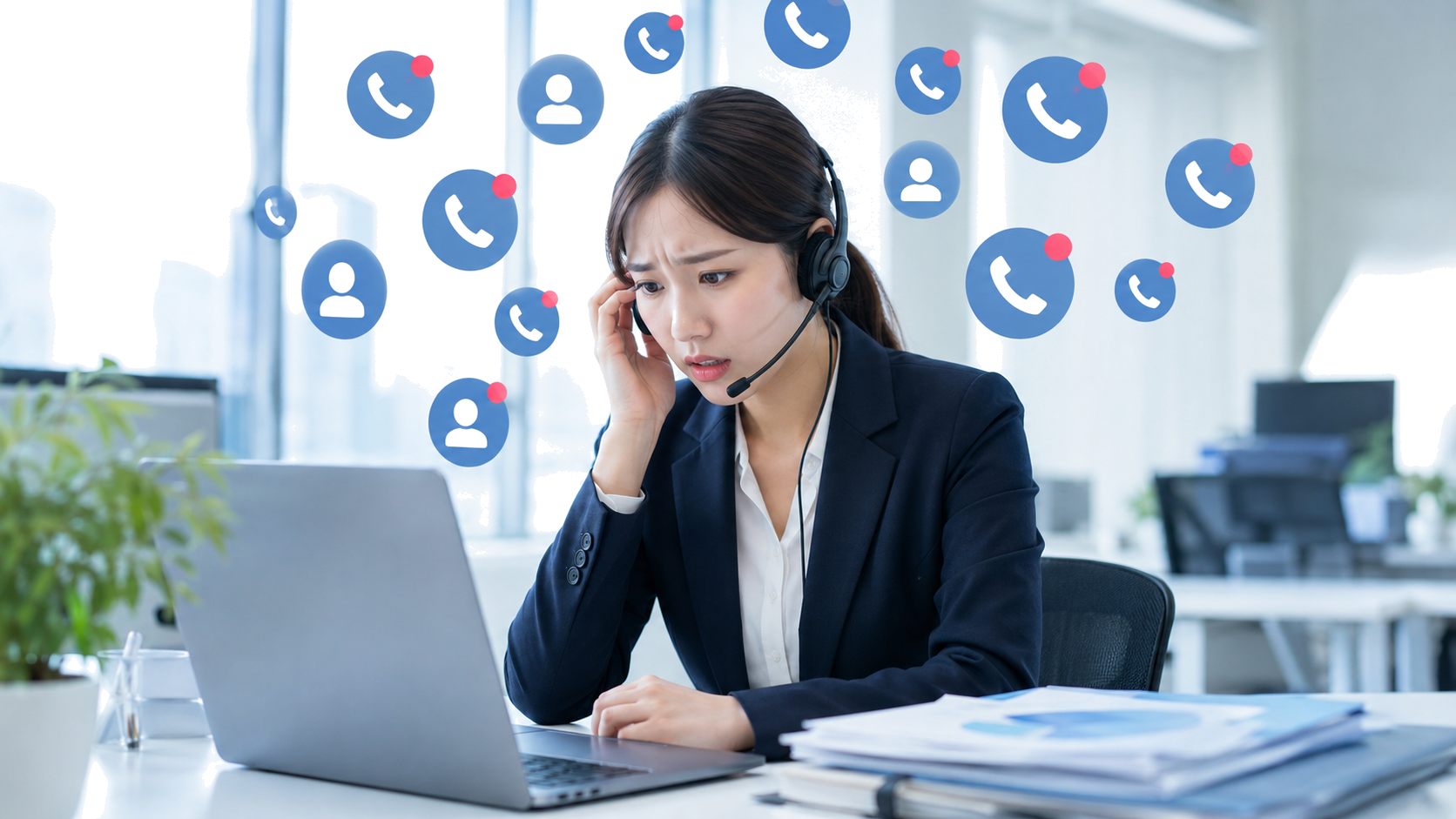 大量の電話問い合わせに追われるコールセンターのオペレーター