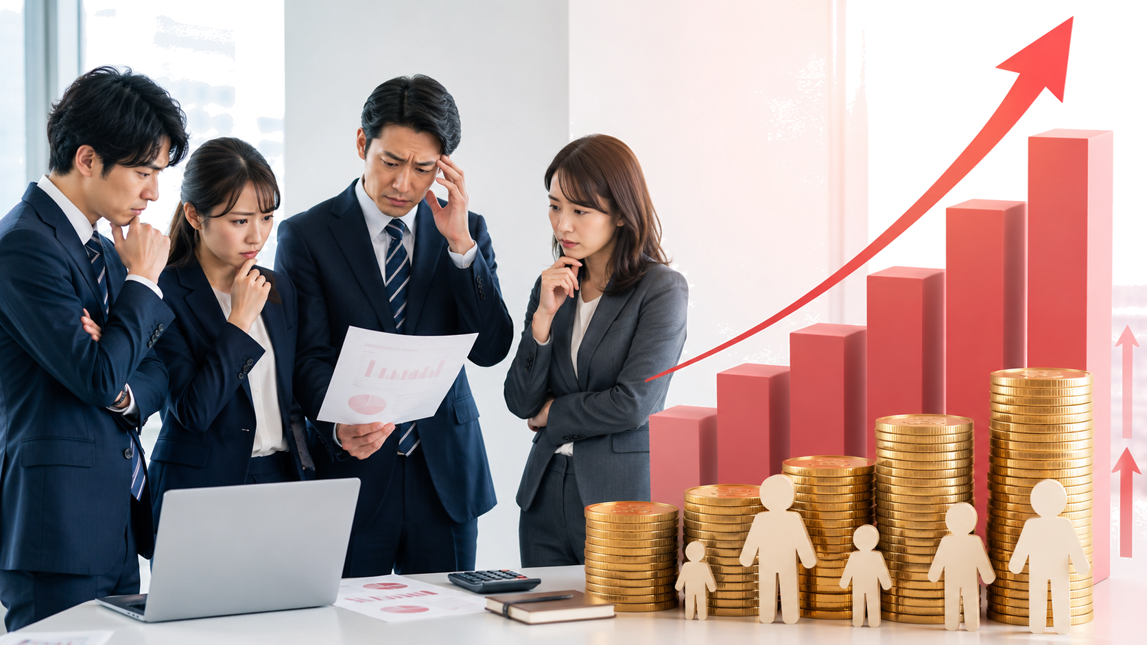 人件費の増加と採用難のグラフを前に頭を抱える経営層